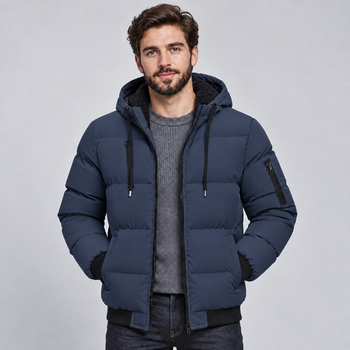 Men Hooded Puffer Jacket Quilted Padded Winter Coat