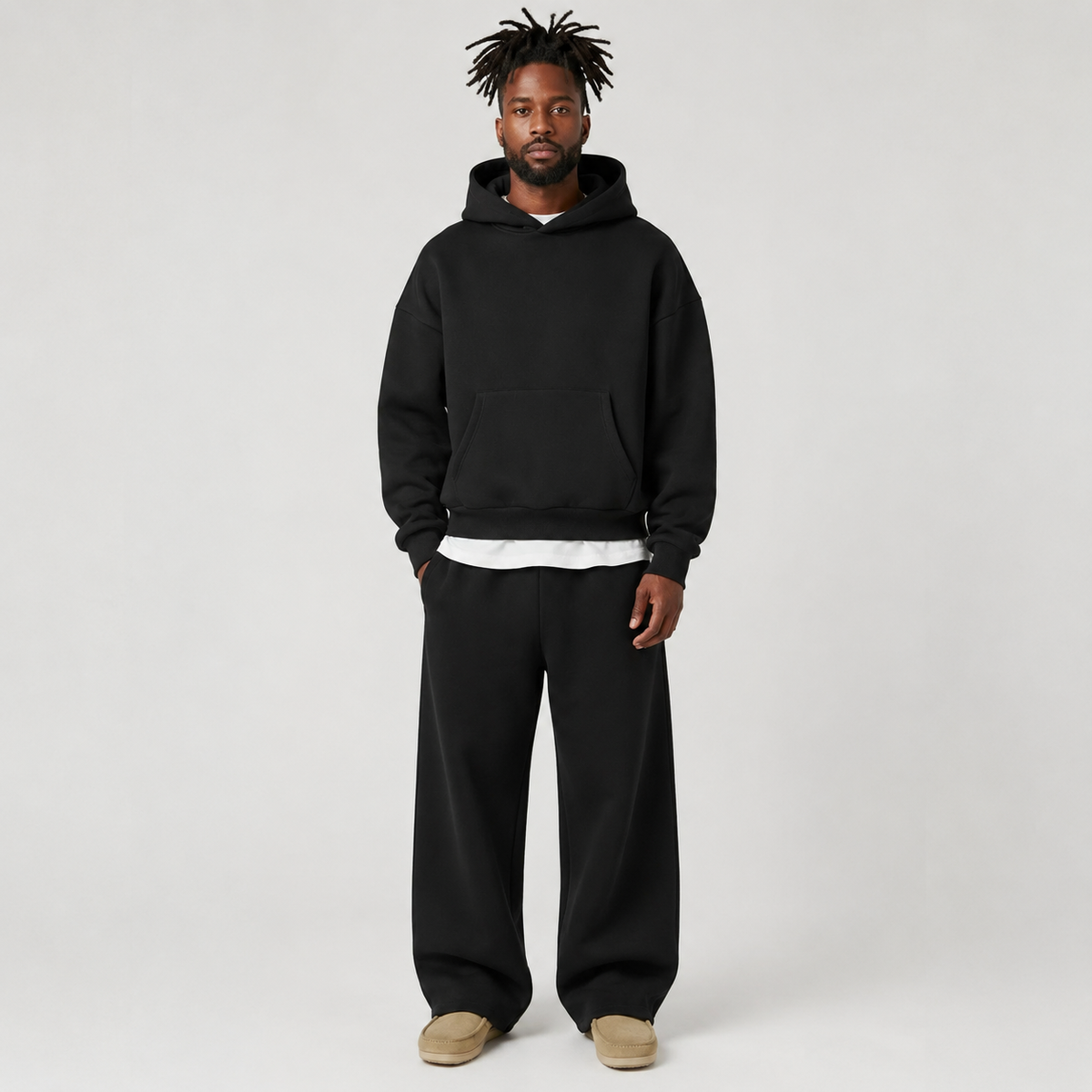Men Hooded Tracksuit Set Regular Fit Hoodie And Joggers Black