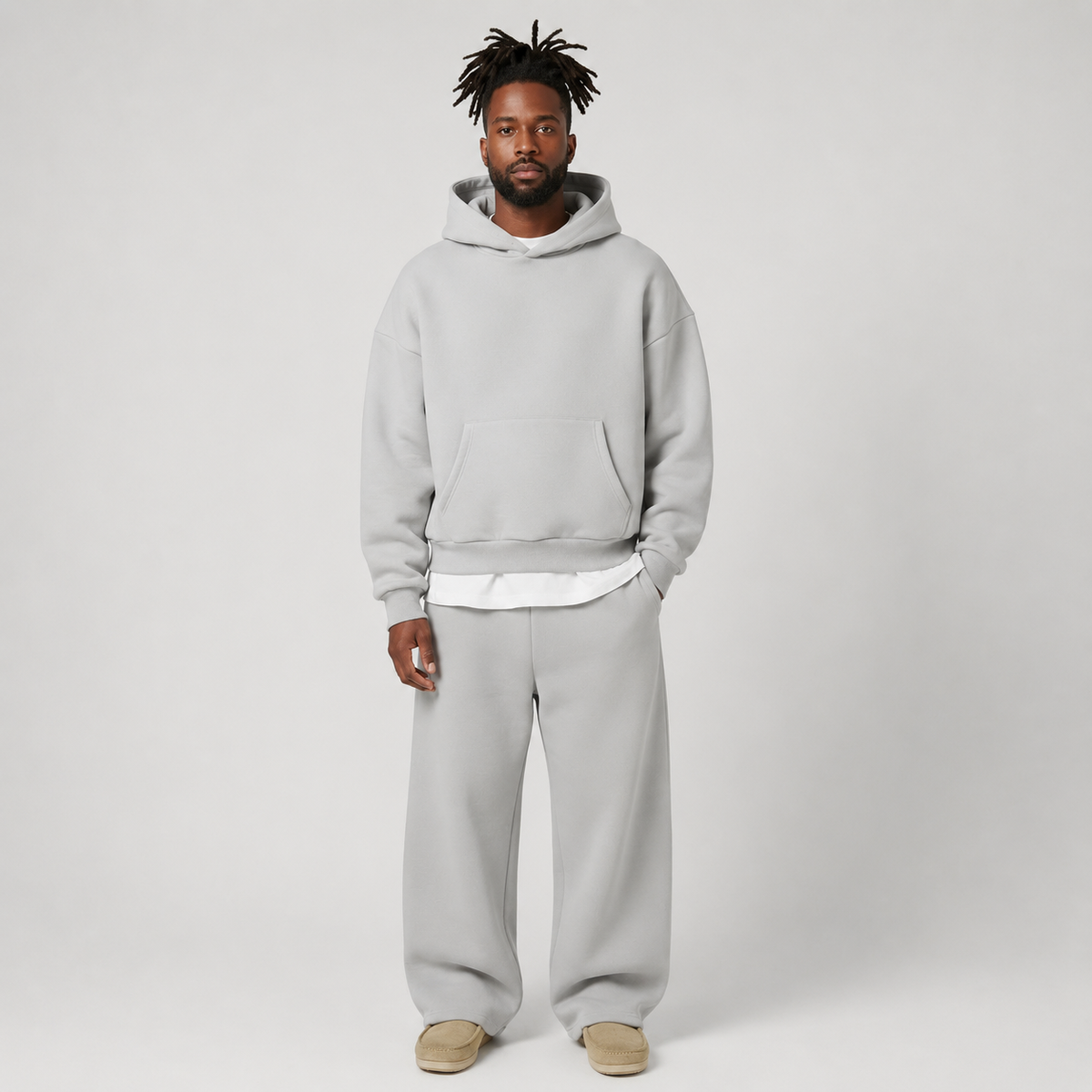 Men Hooded Tracksuit Set Regular Fit Hoodie And Joggers Light Grey