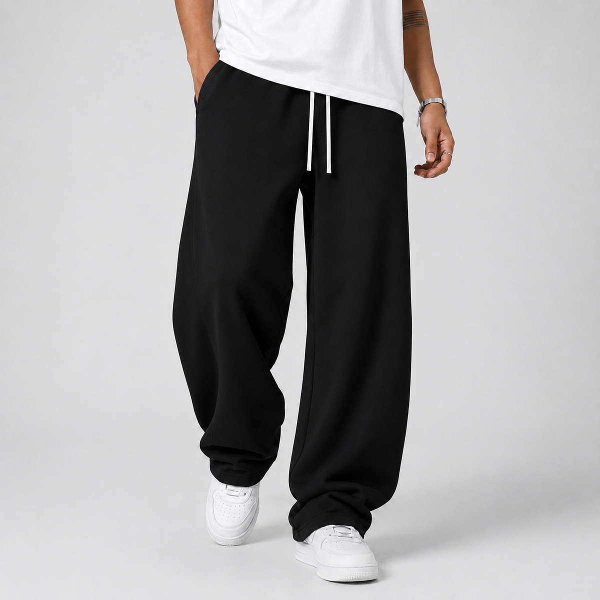 Men Jogger Trousers Drawstring Waist Thick Knit Black