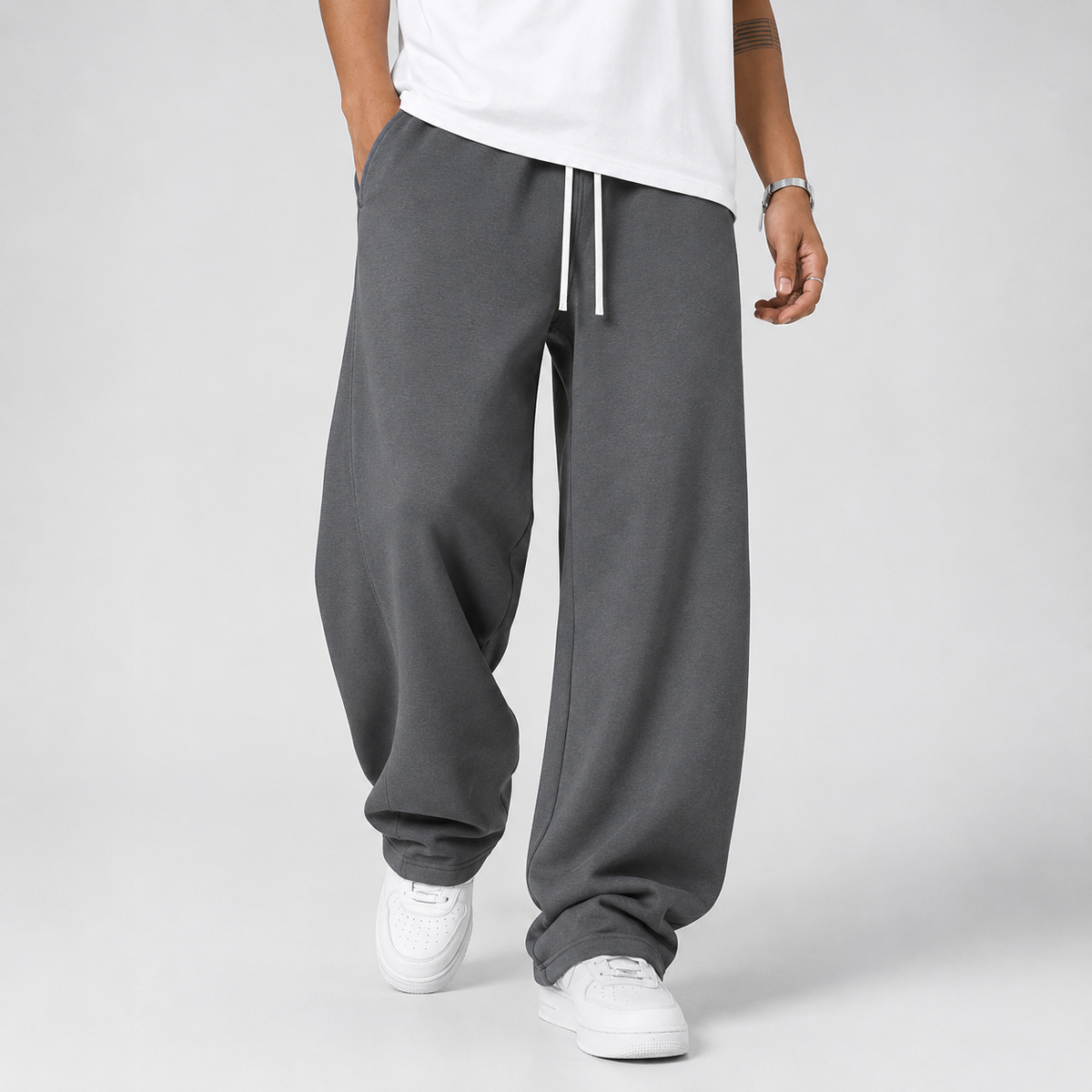 Men Jogger Trousers Drawstring Waist Thick Knit Dark Grey