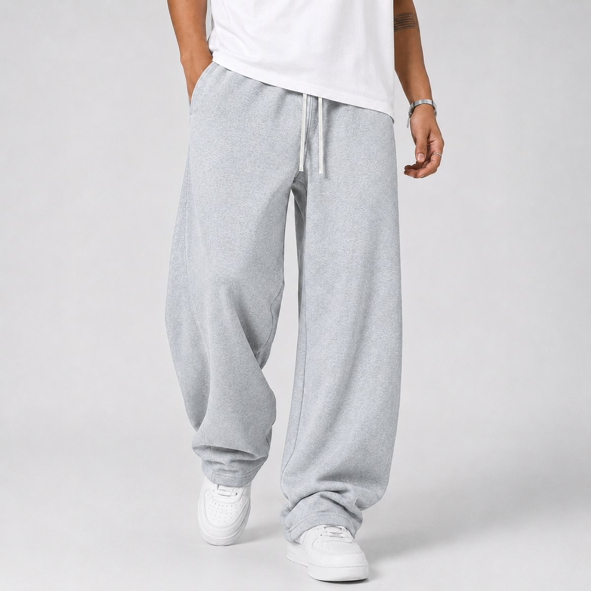 Men Jogger Trousers Drawstring Waist Thick Knit Grey