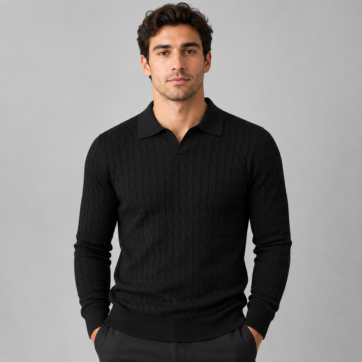 Men Knitted Polo Jumper Contrast Collar Loose Fit