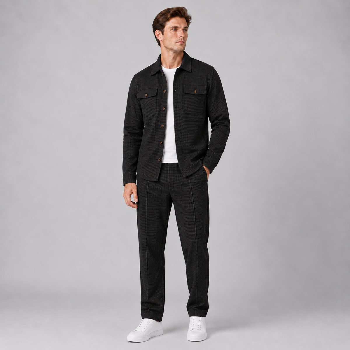 Men Overshirt And Trousers Co-Ord Set Relaxed Fit Black