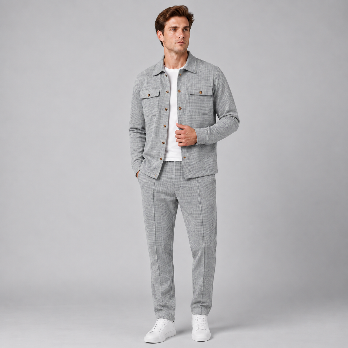 Men Overshirt And Trousers Co-Ord Set Relaxed Fit Light Grey