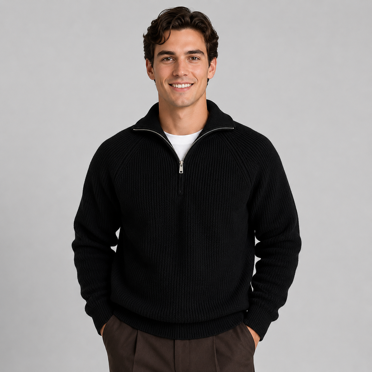 Men Quarter Zip Jumper Textured Knit Raglan Sleeve