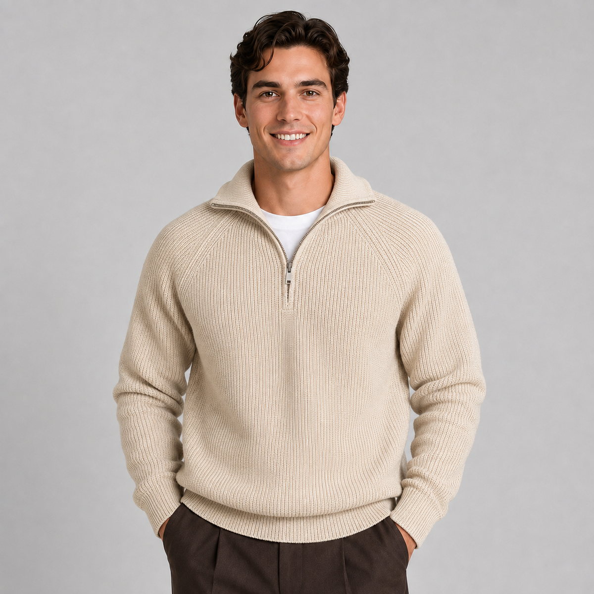 Men Quarter Zip Jumper Textured Knit Raglan Sleeve