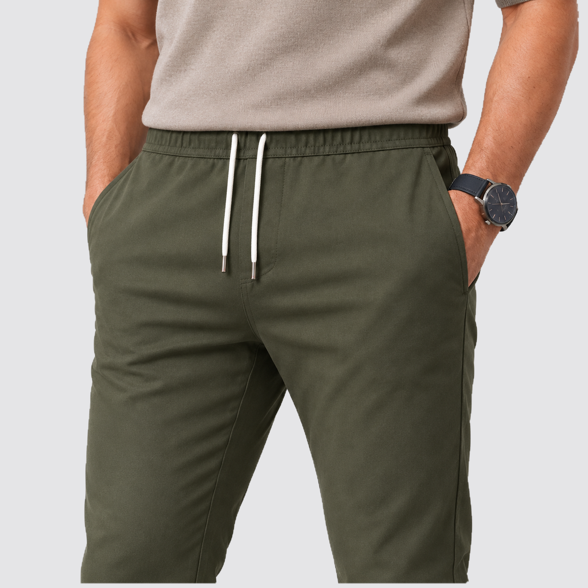 Men Slim Fit Drawstring Trousers Tapered Leg