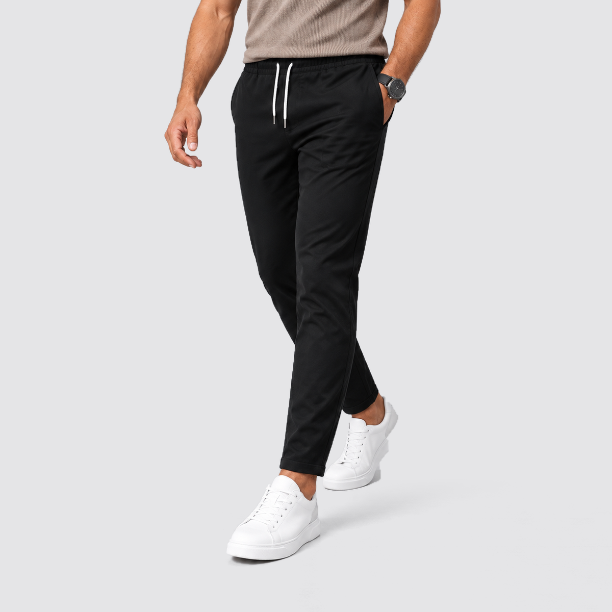 Men Slim Fit Drawstring Trousers Tapered Leg