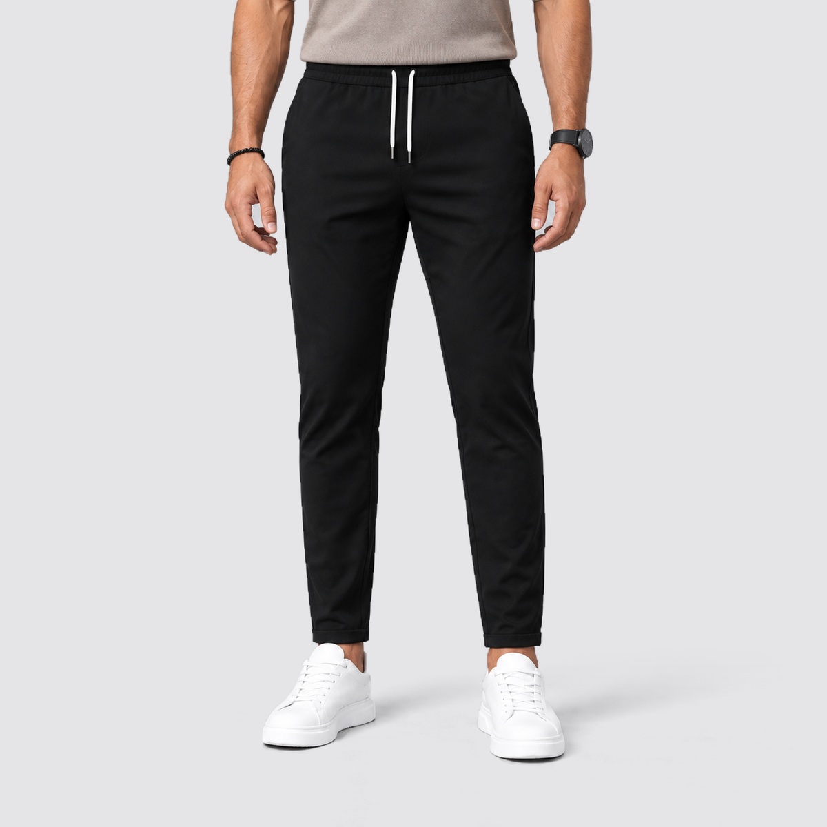 Men Slim Fit Drawstring Trousers Tapered Leg