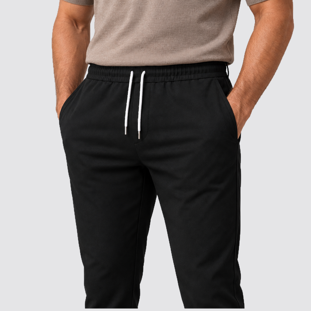Men Slim Fit Drawstring Trousers Tapered Leg