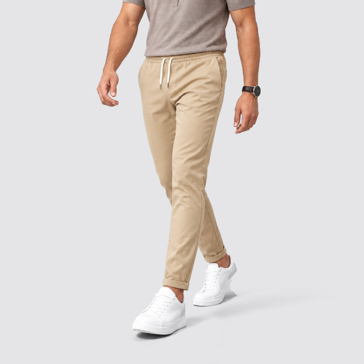 Men Slim Fit Drawstring Trousers Tapered Leg