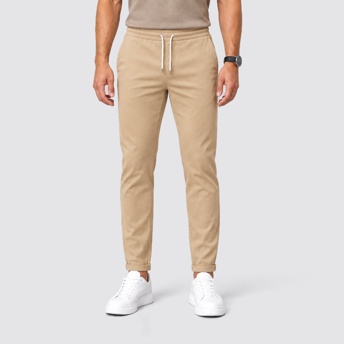 Men Slim Fit Drawstring Trousers Tapered Leg