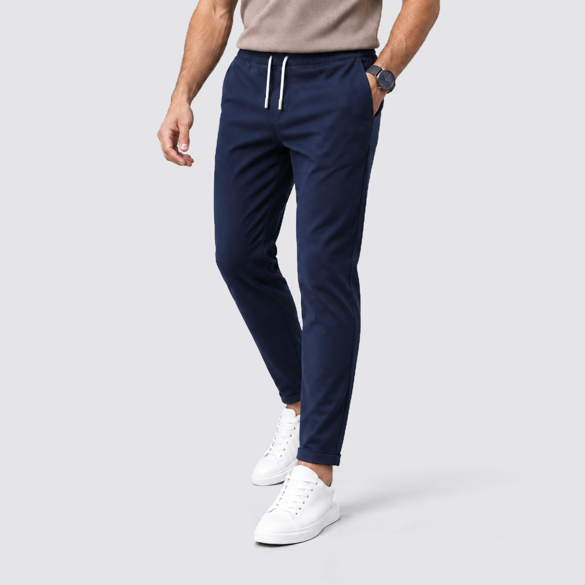 Men Slim Fit Drawstring Trousers Tapered Leg