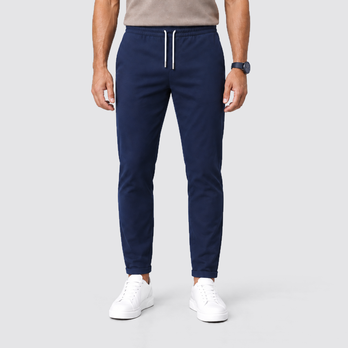 Men Slim Fit Drawstring Trousers Tapered Leg