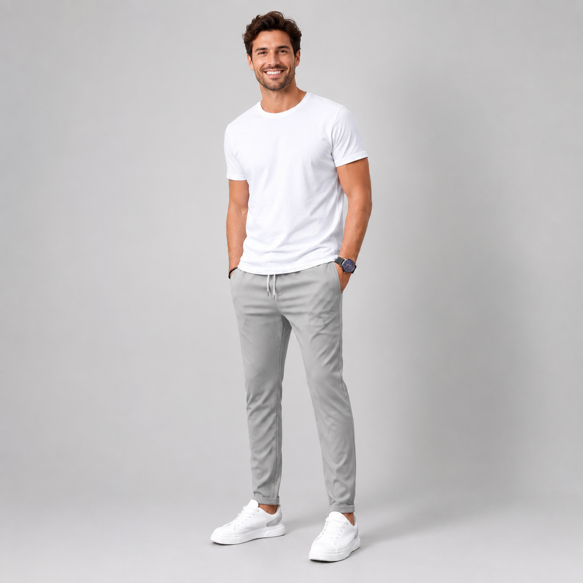 Men Slim Fit Drawstring Trousers Tapered Leg