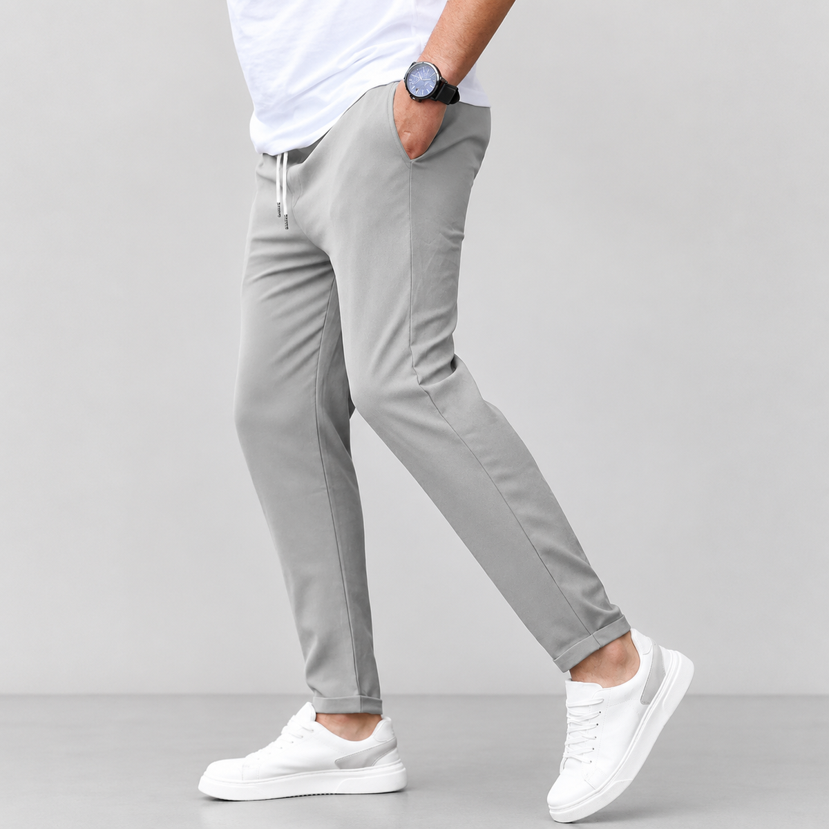 Men Slim Fit Drawstring Trousers Tapered Leg