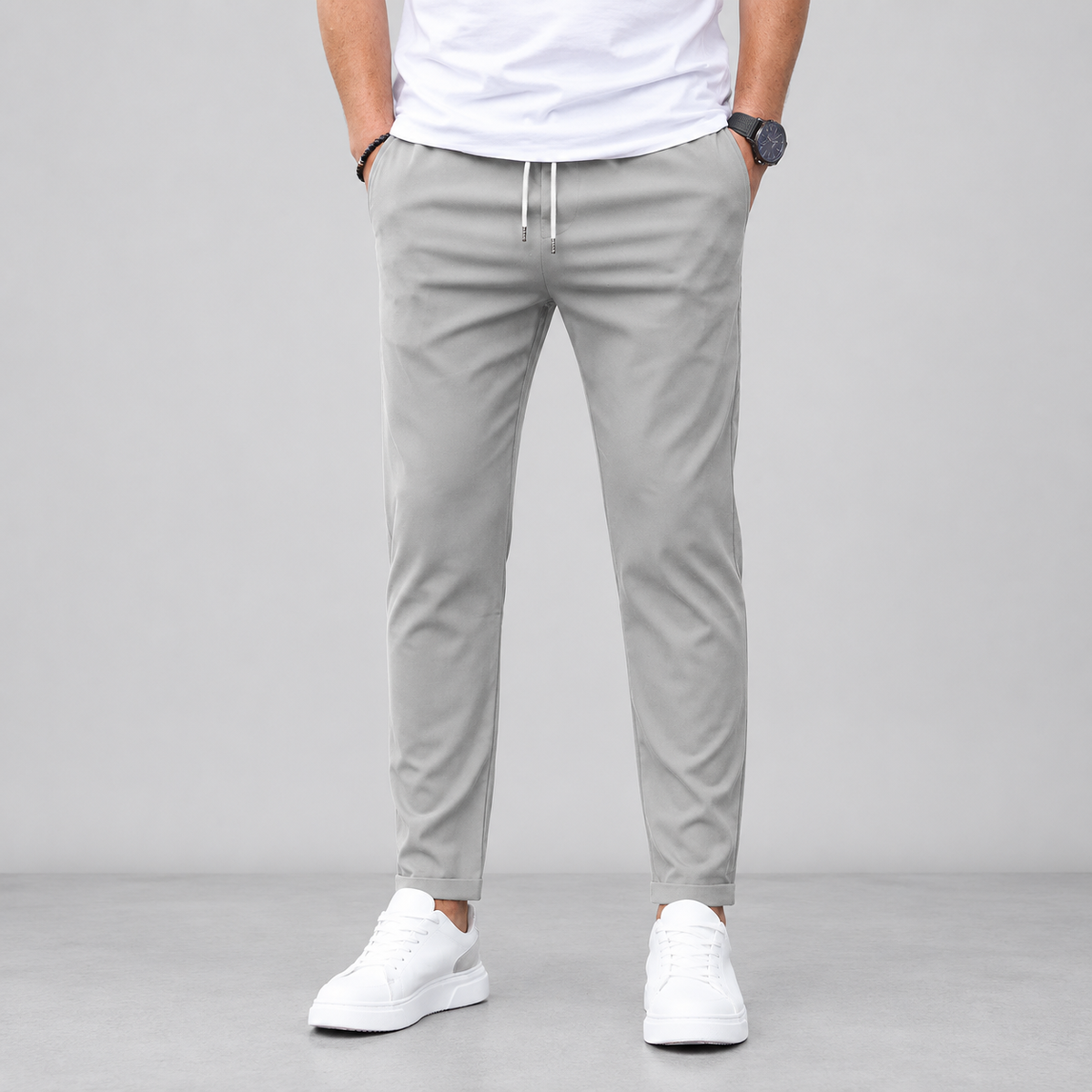 Men Slim Fit Drawstring Trousers Tapered Leg