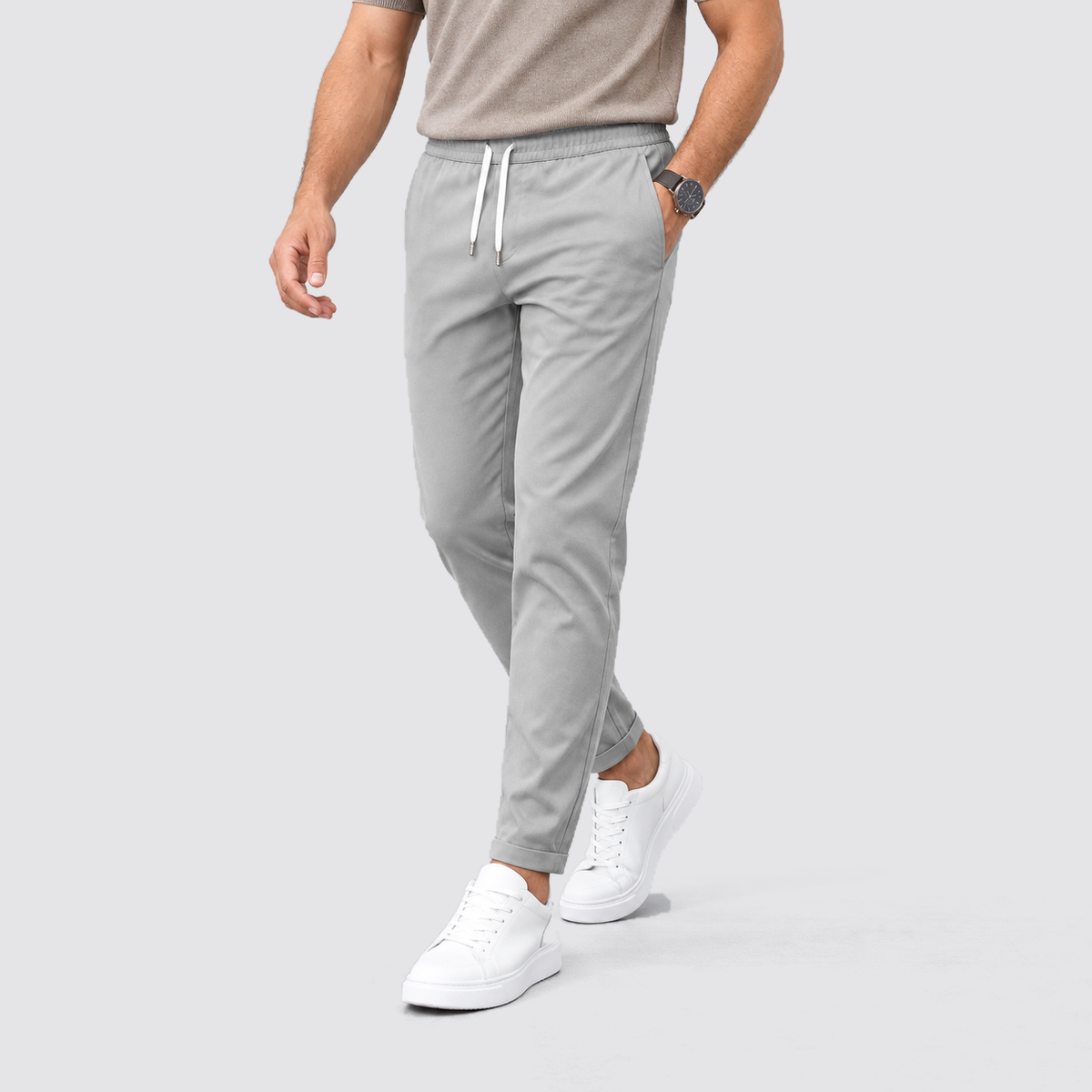 Men Slim Fit Drawstring Trousers Tapered Leg