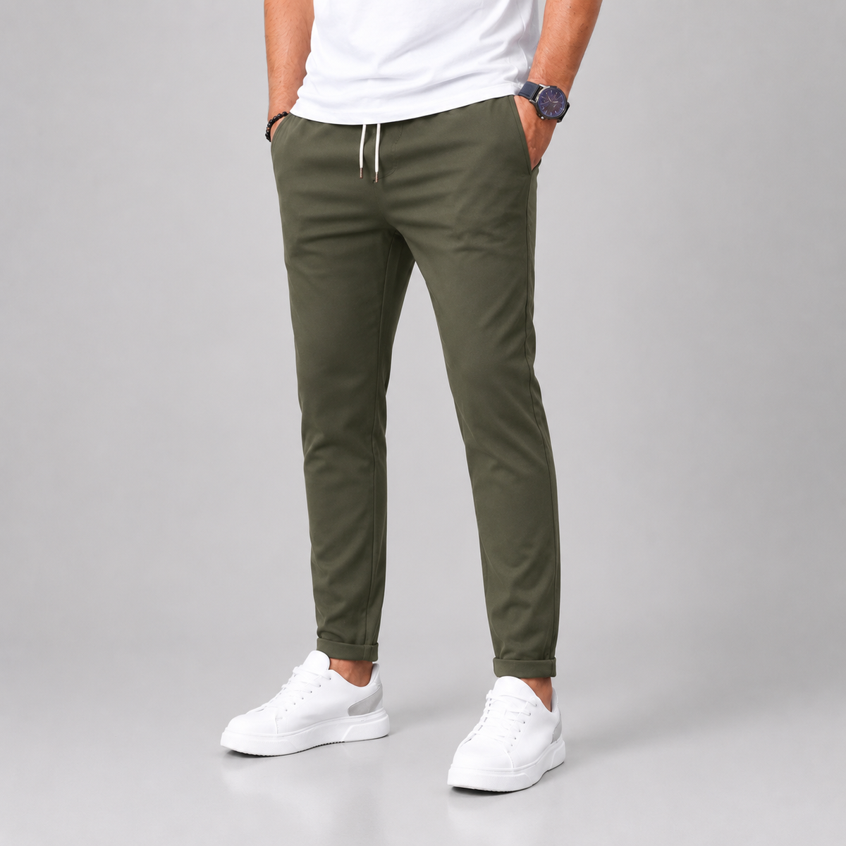 Men Slim Fit Drawstring Trousers Tapered Leg