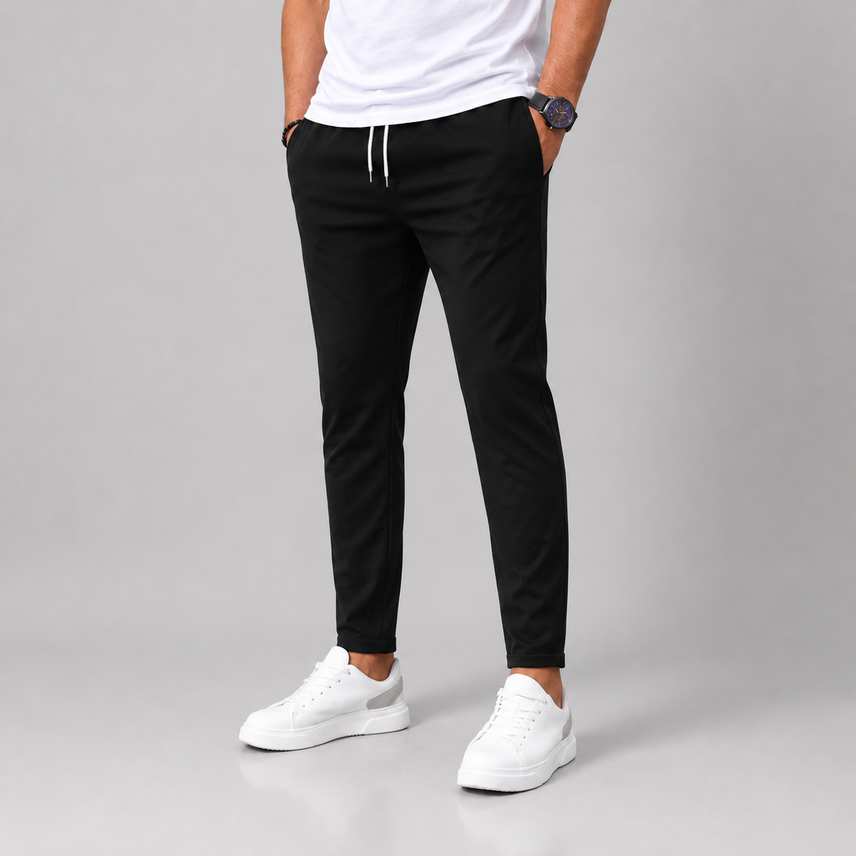 Men Slim Fit Drawstring Trousers Tapered Leg