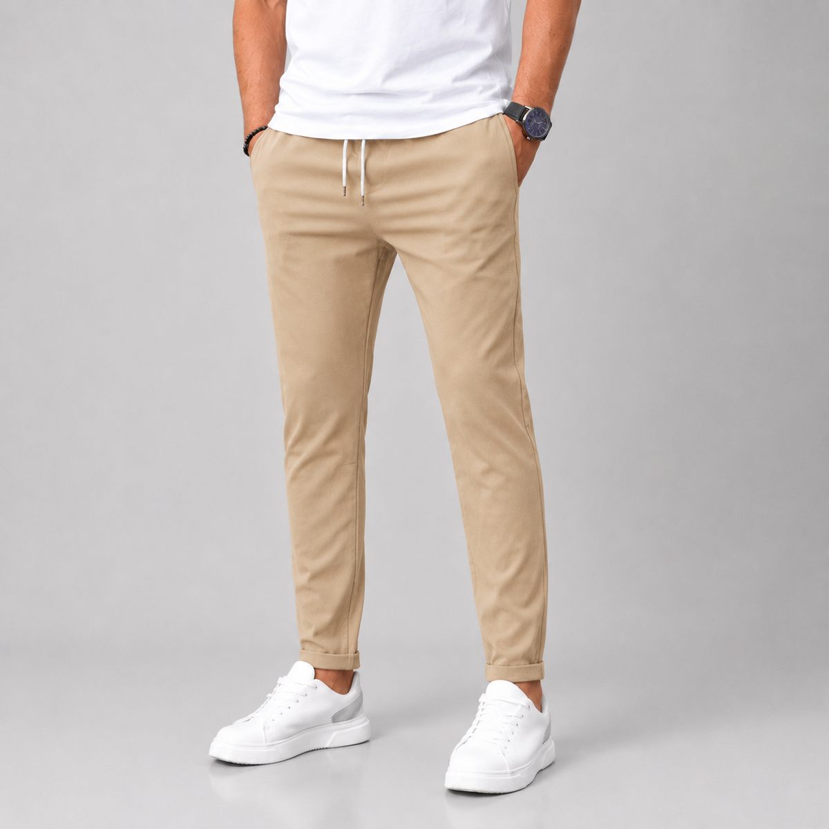 Men Slim Fit Drawstring Trousers Tapered Leg