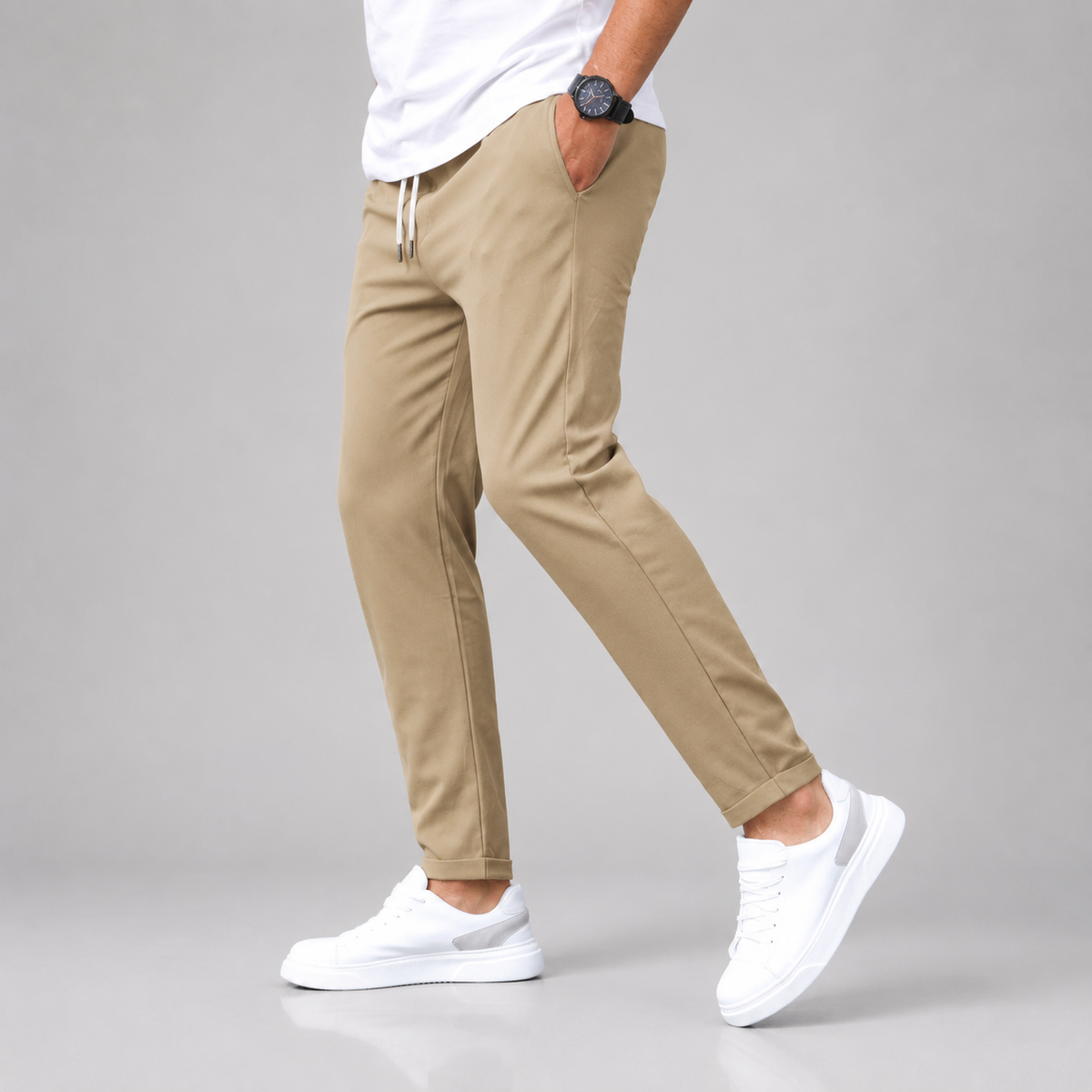 Men Slim Fit Drawstring Trousers Tapered Leg