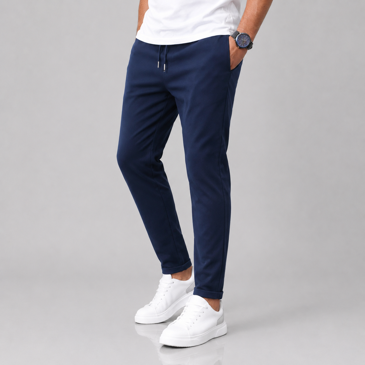 Men Slim Fit Drawstring Trousers Tapered Leg