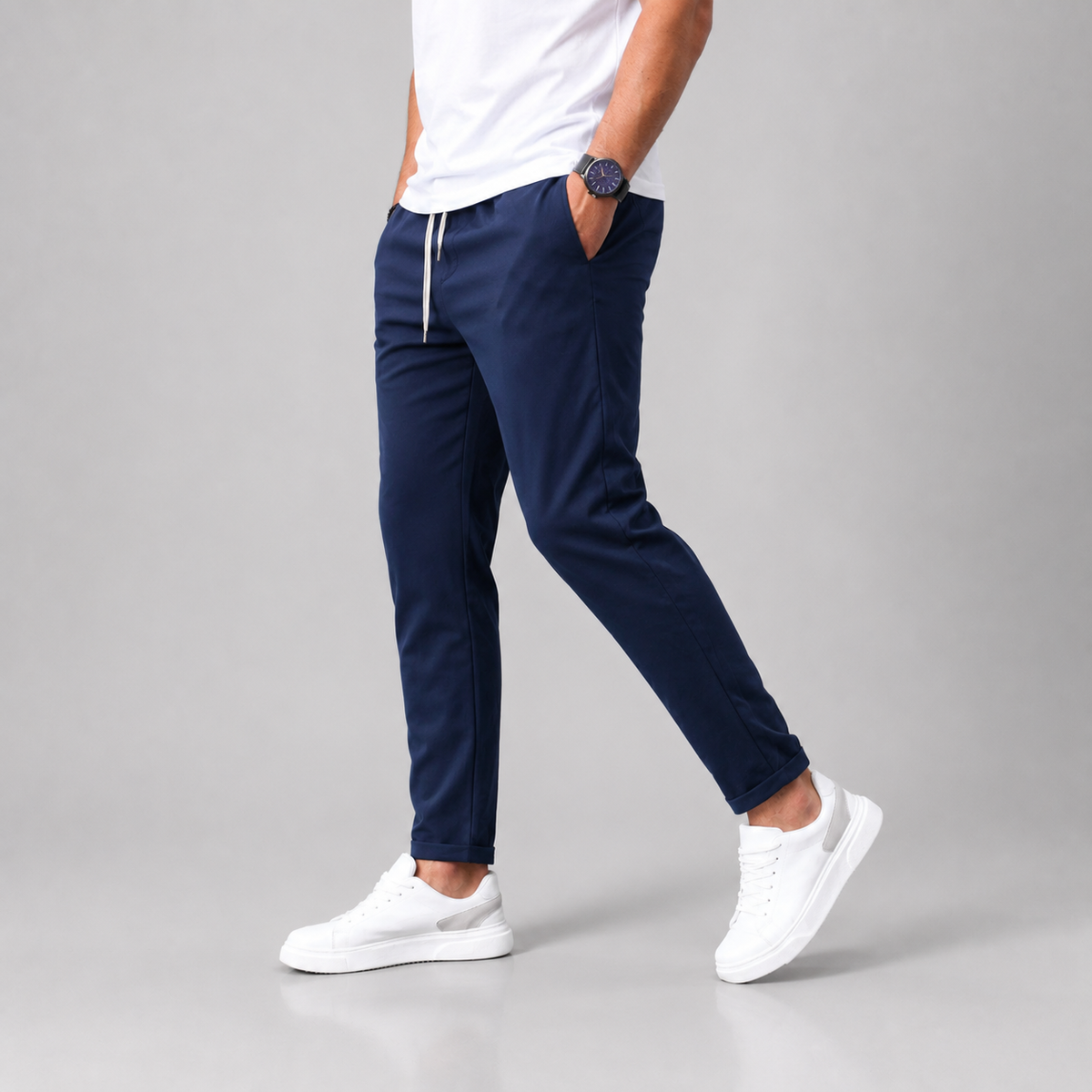 Men Slim Fit Drawstring Trousers Tapered Leg