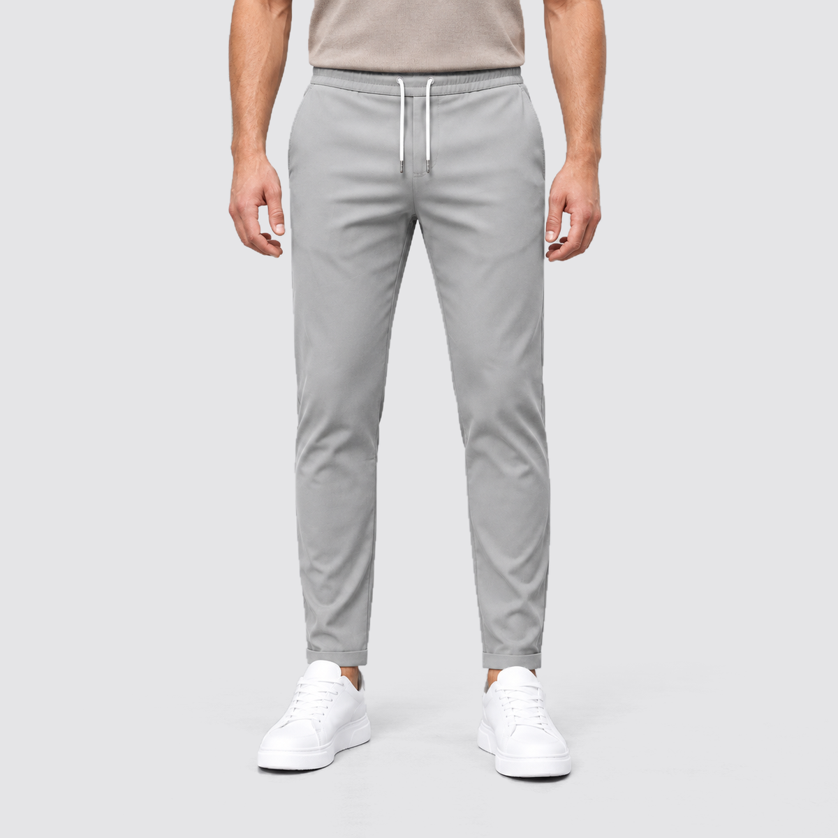 Men Slim Fit Drawstring Trousers Tapered Leg