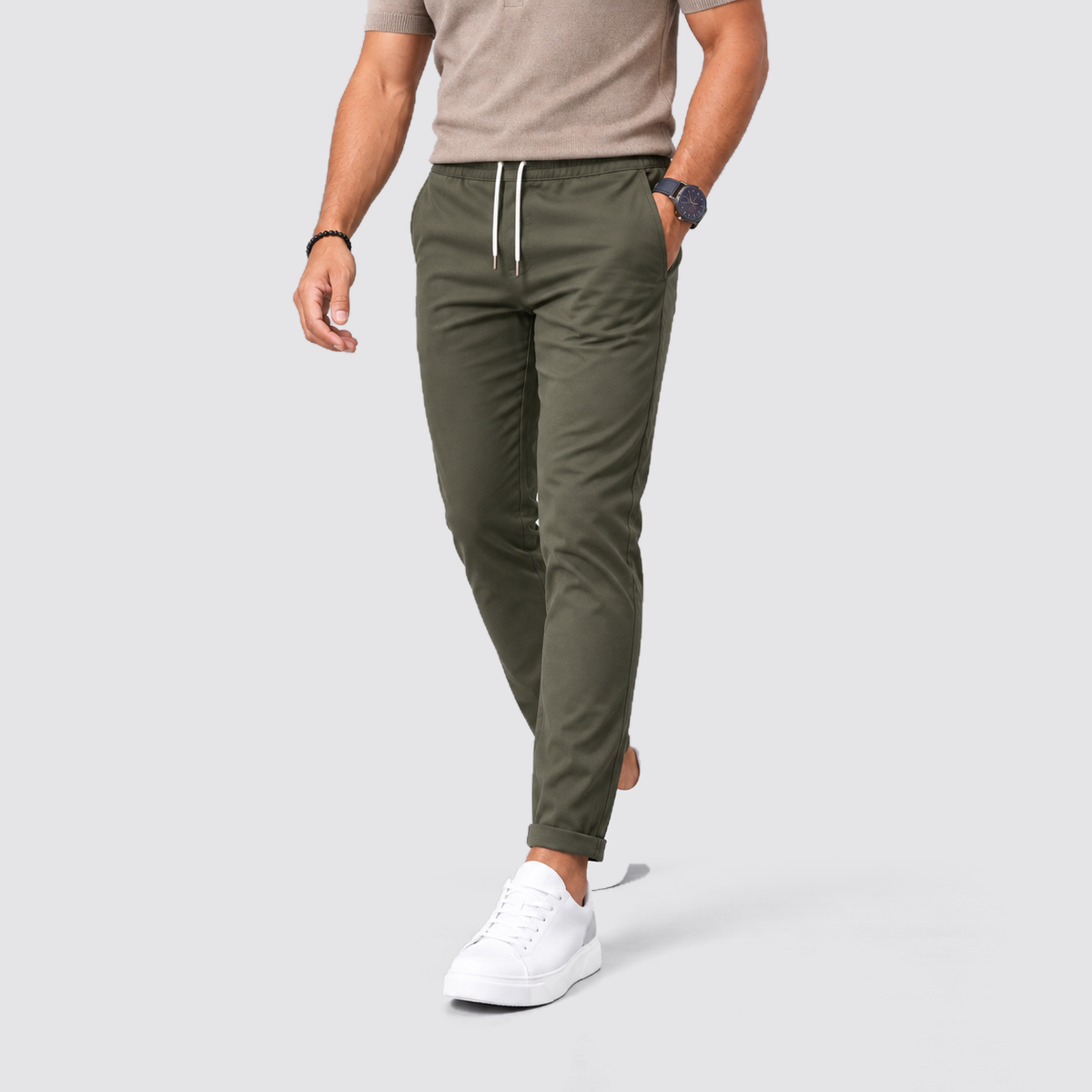 Men Slim Fit Drawstring Trousers Tapered Leg