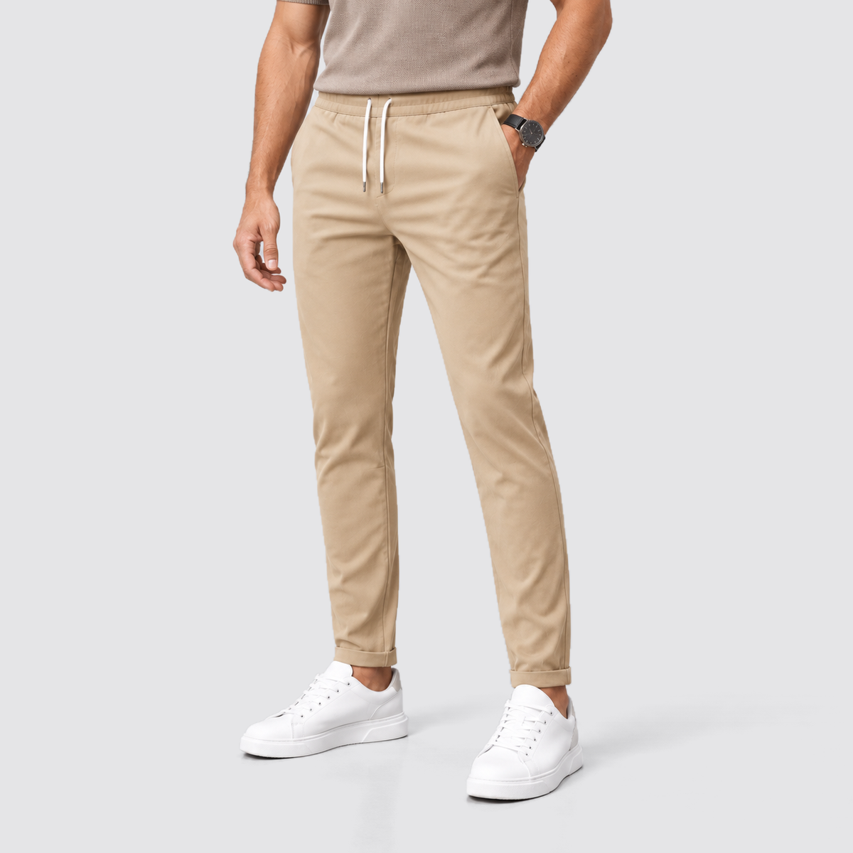 Men Slim Fit Drawstring Trousers Tapered Leg Beige