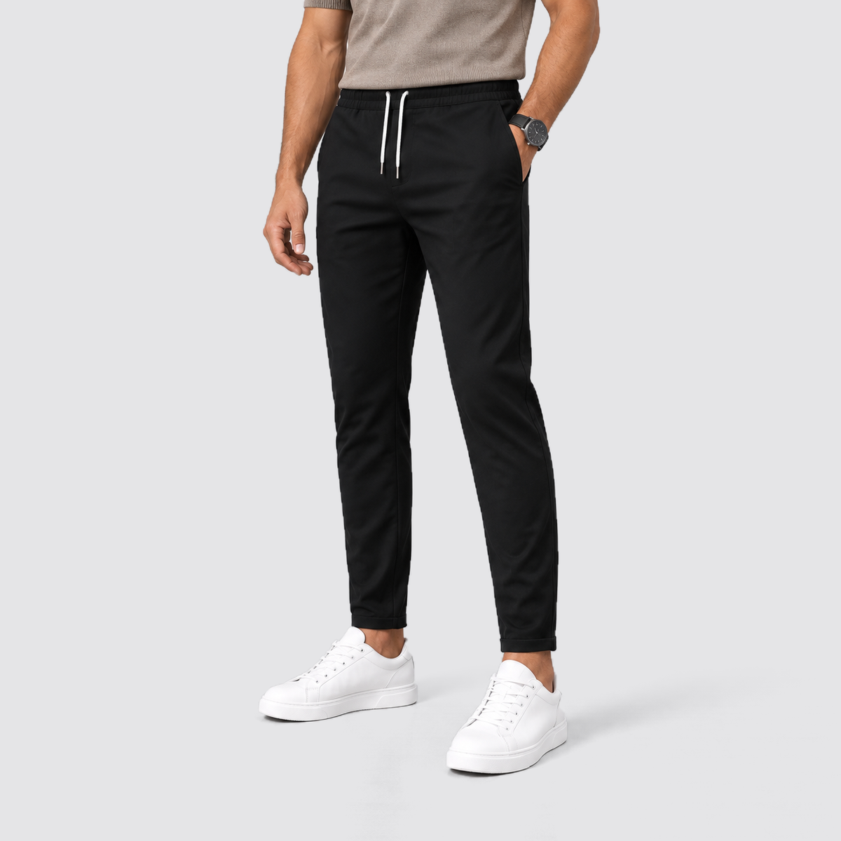 Men Slim Fit Drawstring Trousers Tapered Leg Black
