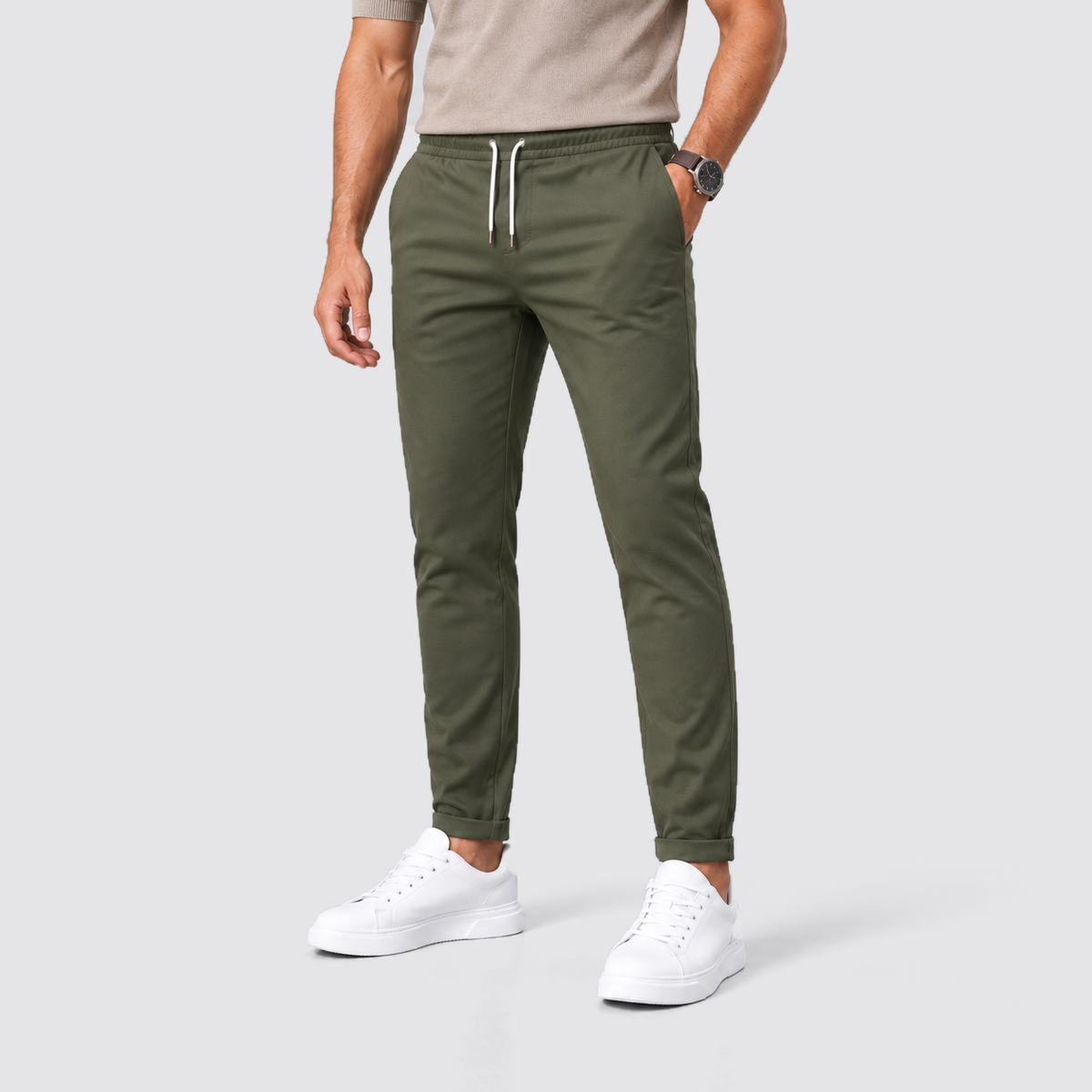 Men Slim Fit Drawstring Trousers Tapered Leg Dark Green