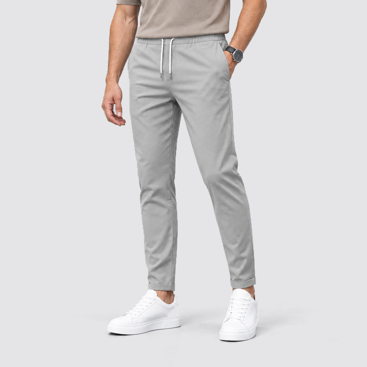 Men Slim Fit Drawstring Trousers Tapered Leg Grey