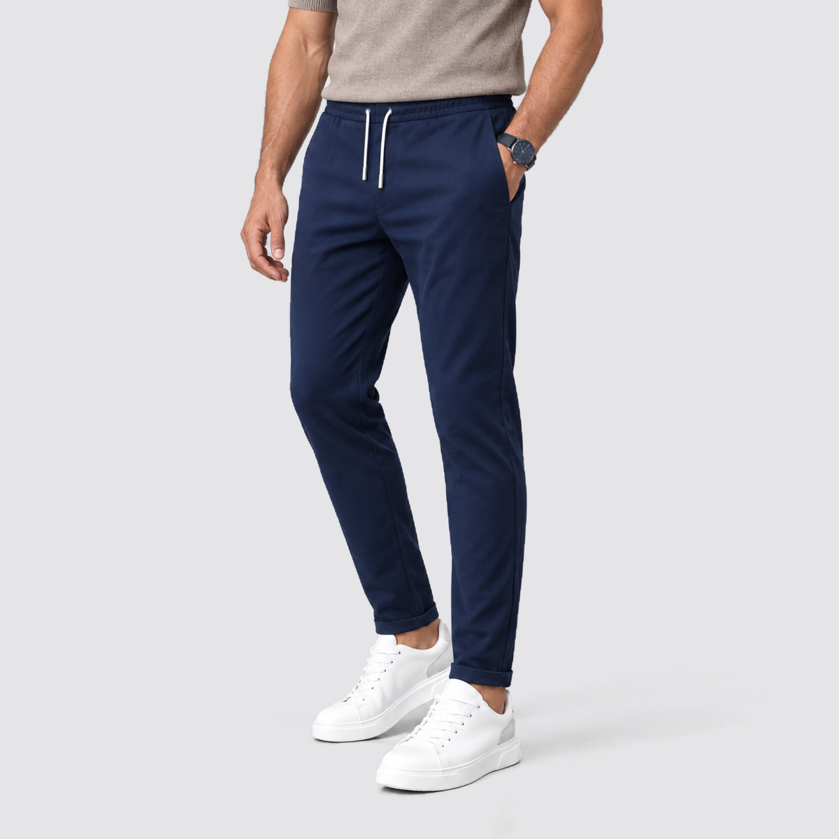 Men Slim Fit Drawstring Trousers Tapered Leg Navy Blue