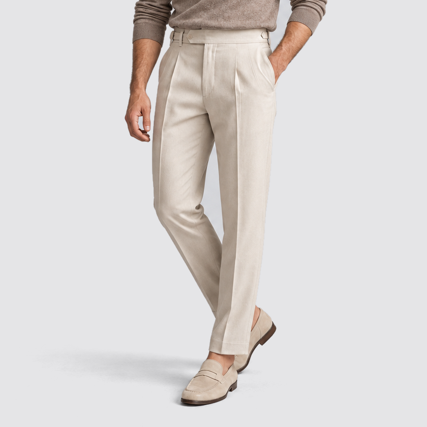Men Tailored Fit Trousers Single Pleat Extended Waistband Beige