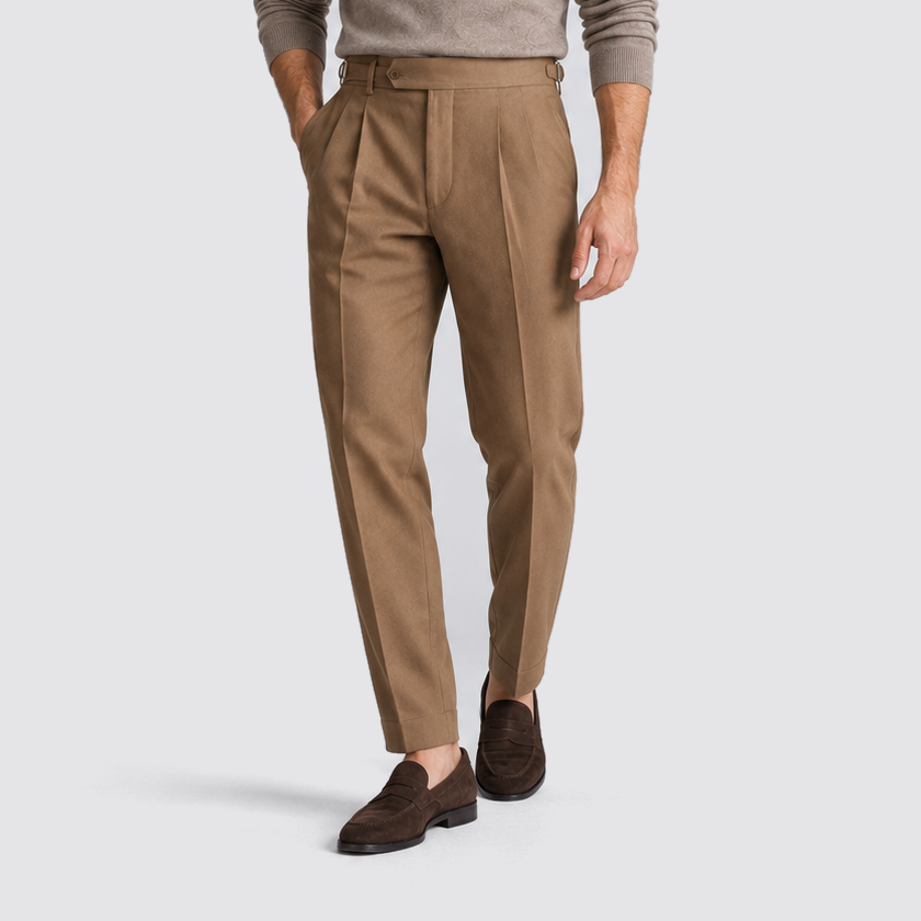 Men Tailored Fit Trousers Single Pleat Extended Waistband Brown