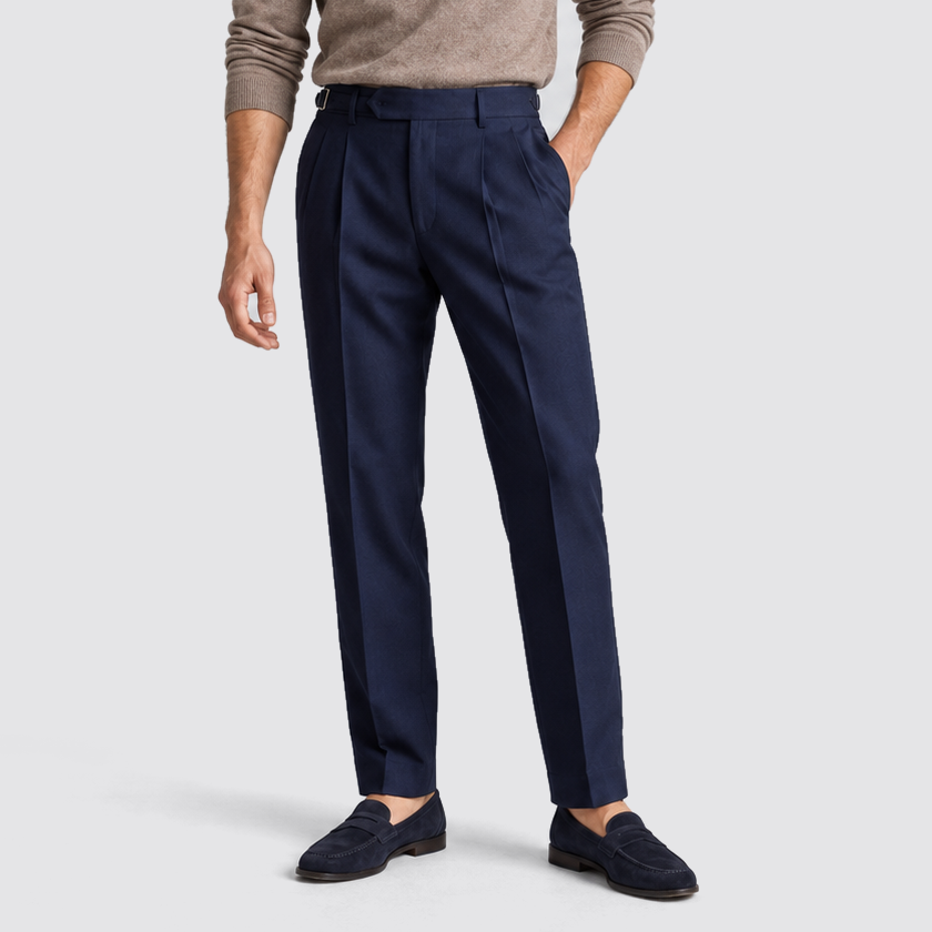 Men Tailored Fit Trousers Single Pleat Extended Waistband Navy