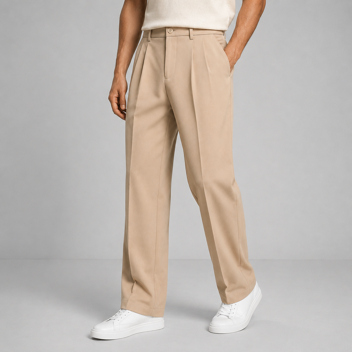 Men Tailored Straight Leg Trousers Front Pleat Beige