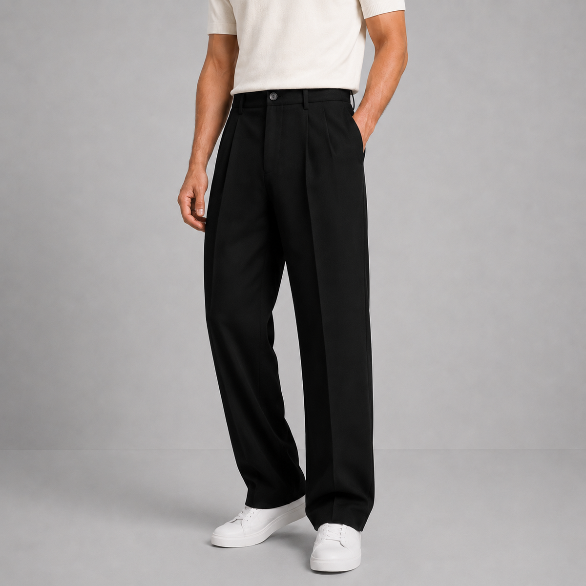 Men Tailored Straight Leg Trousers Front Pleat Black