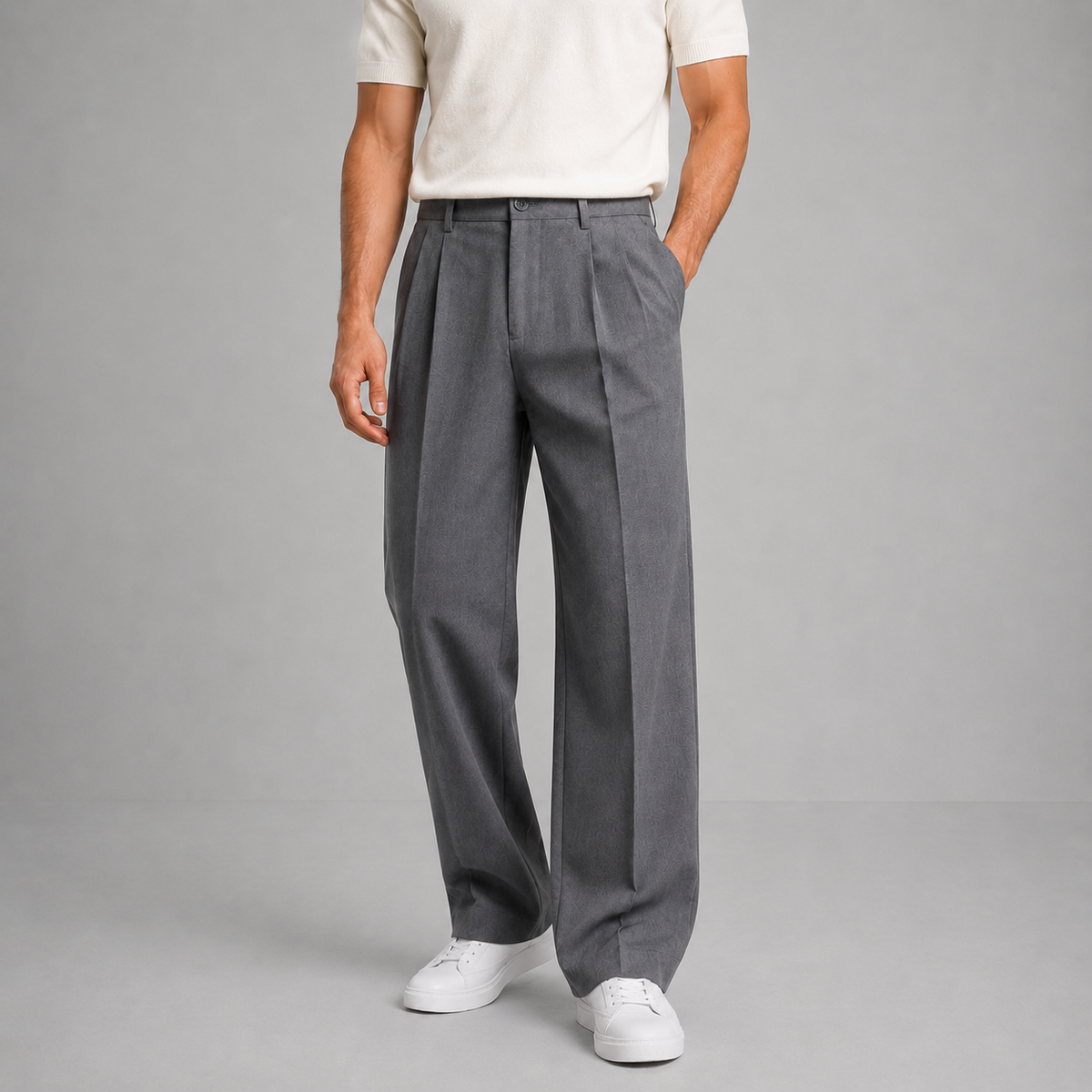 Men Tailored Straight Leg Trousers Front Pleat Grey