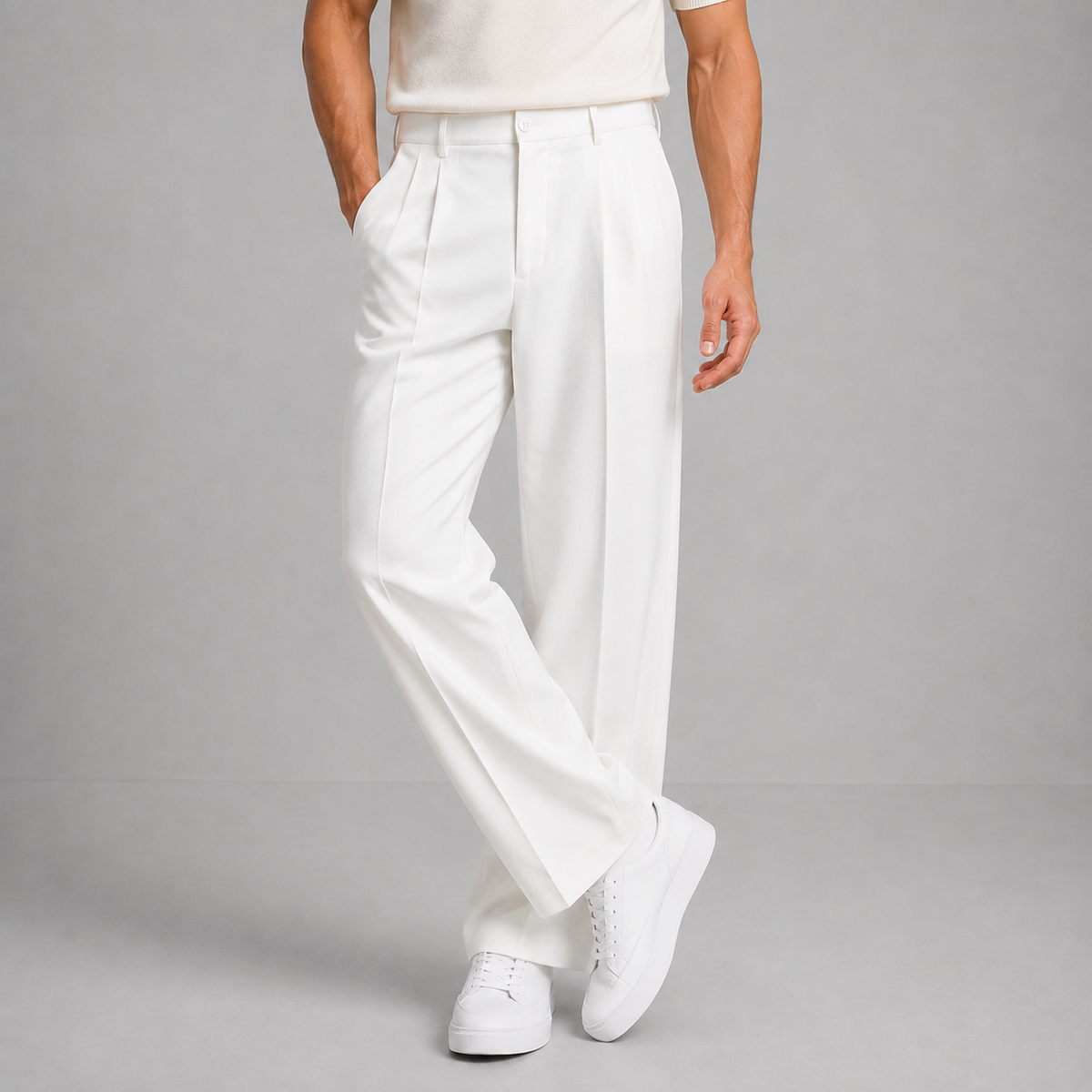 Men Tailored Straight Leg Trousers Front Pleat White