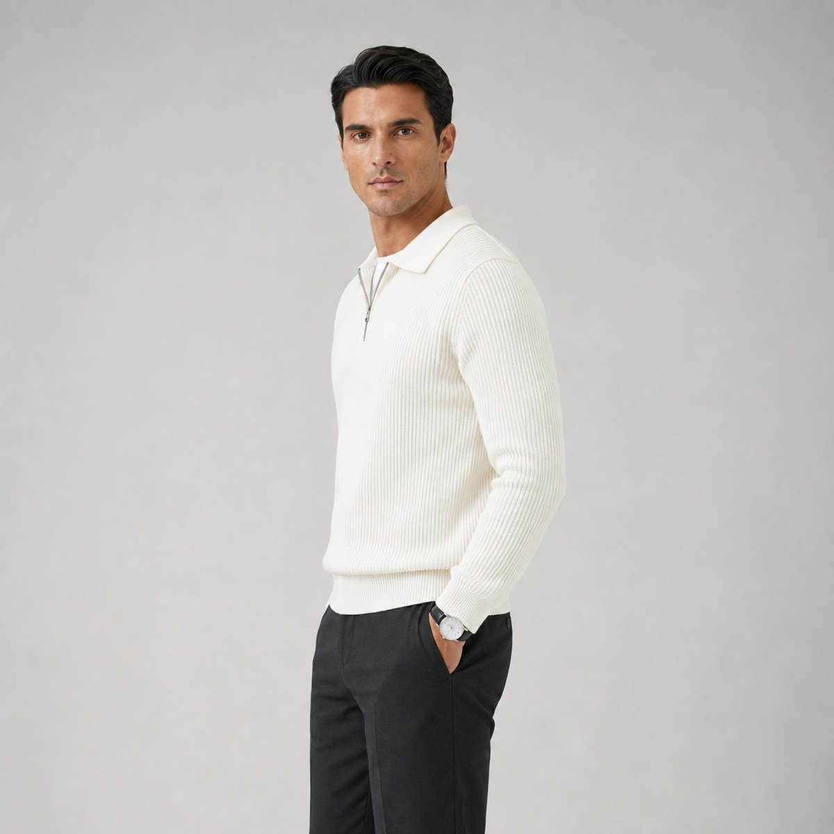 Men Waffle Knit Quarter Zip Jumper