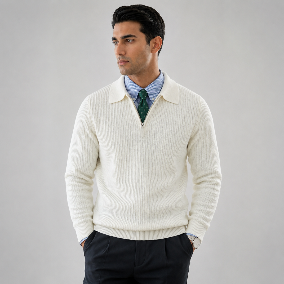 Men Waffle Knit Quarter Zip Jumper