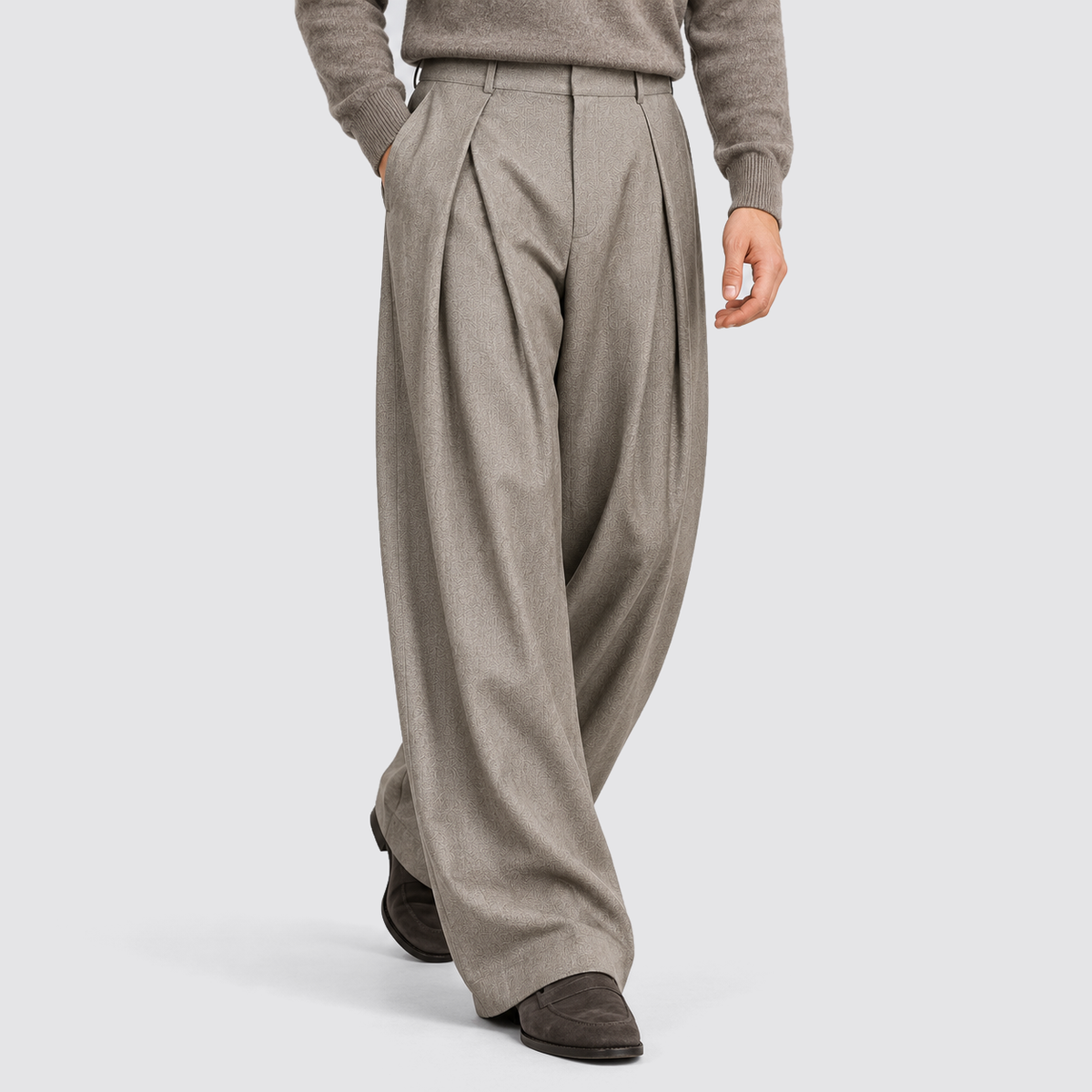 Men Wide Leg Trousers Double Pleat High Waist