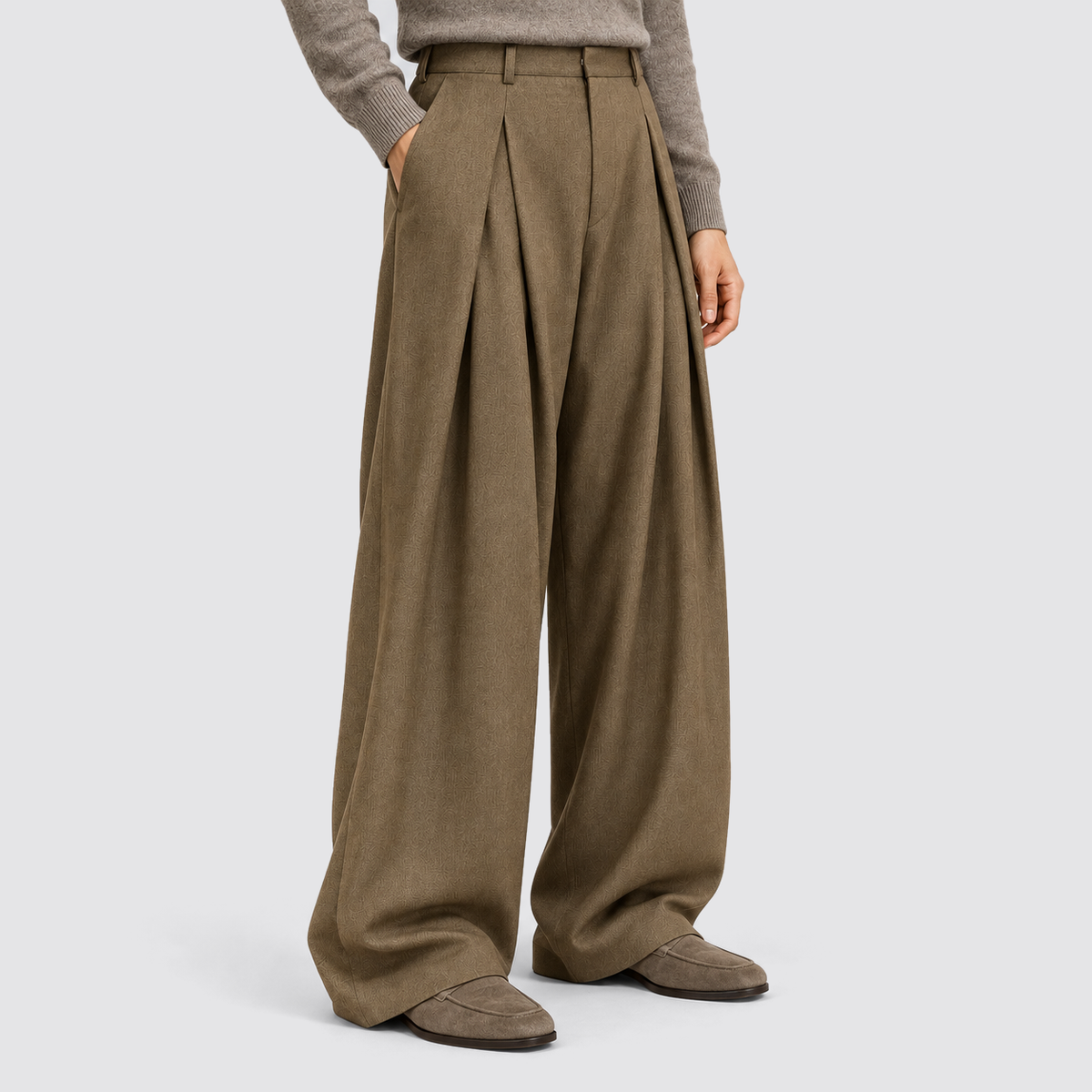 Men Wide Leg Trousers Double Pleat High Waist