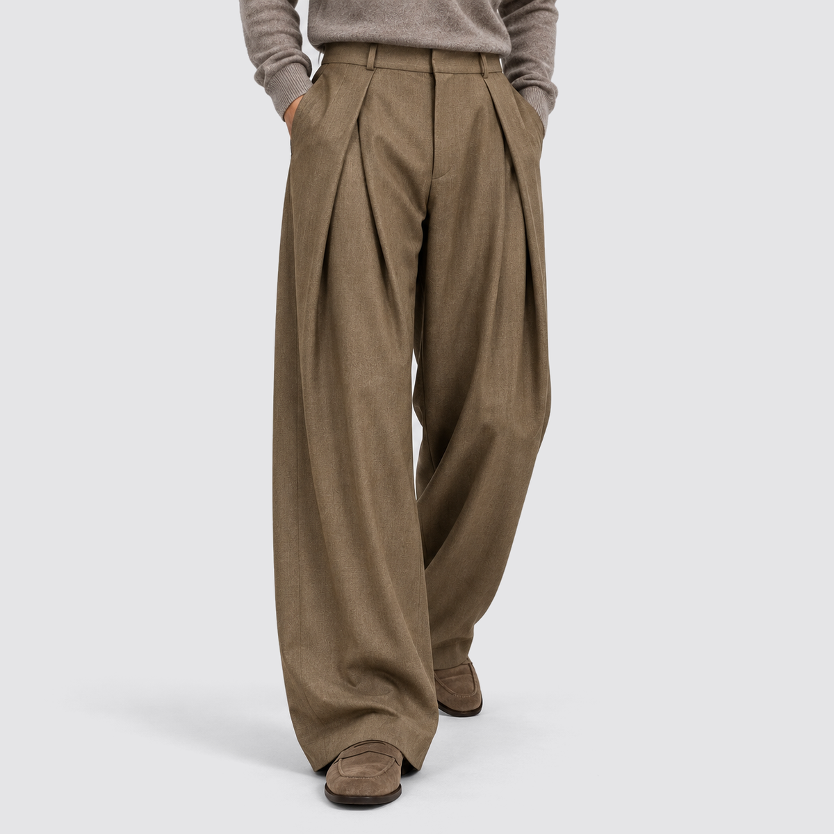 Men Wide Leg Trousers Double Pleat High Waist