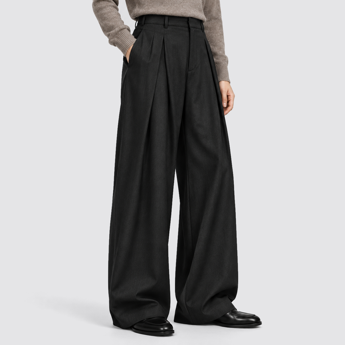 Men Wide Leg Trousers Double Pleat High Waist