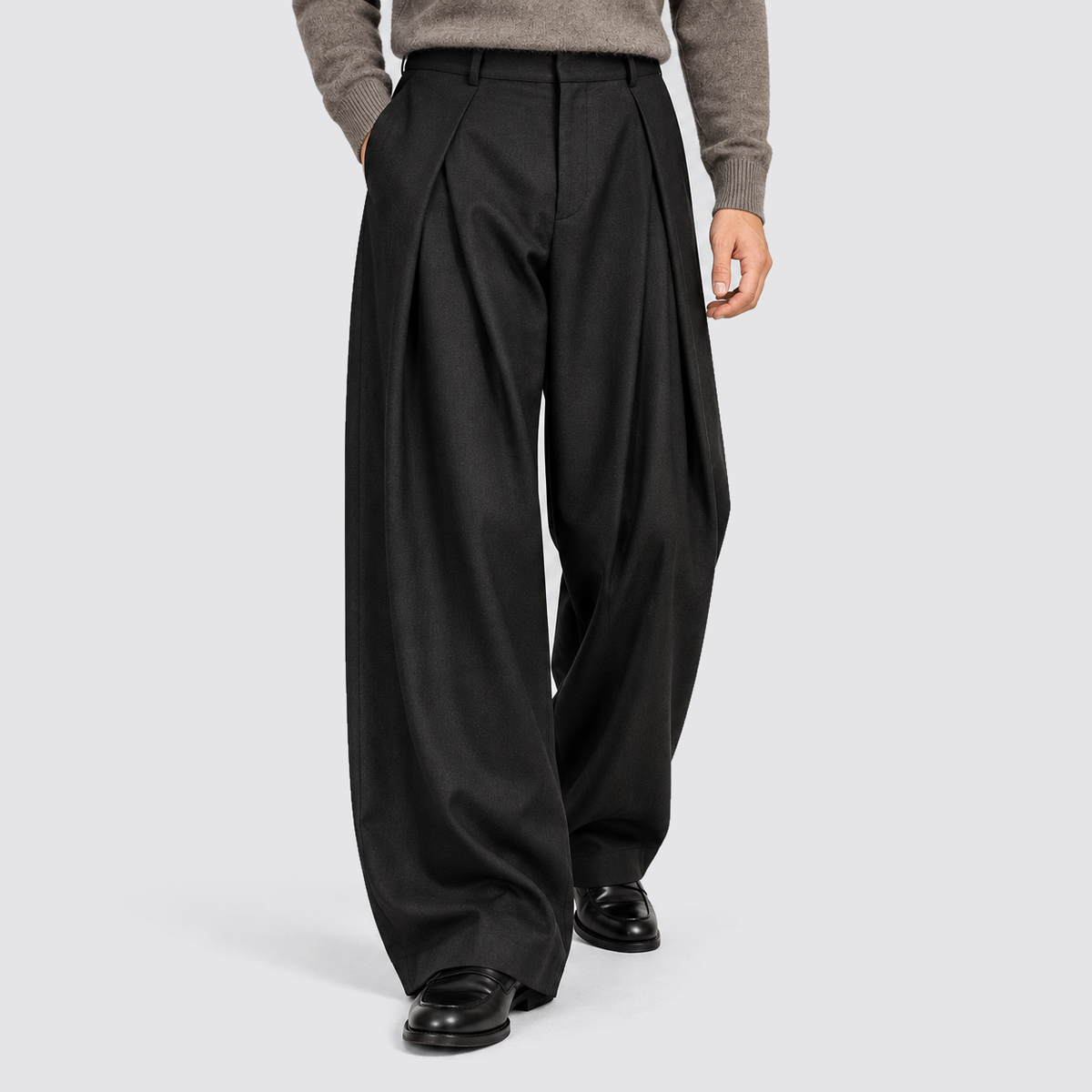 Men Wide Leg Trousers Double Pleat High Waist